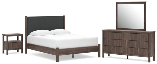 Pamytta Queen Upholstered Panel Platform Bed, Dresser, Mirror and Nightstand