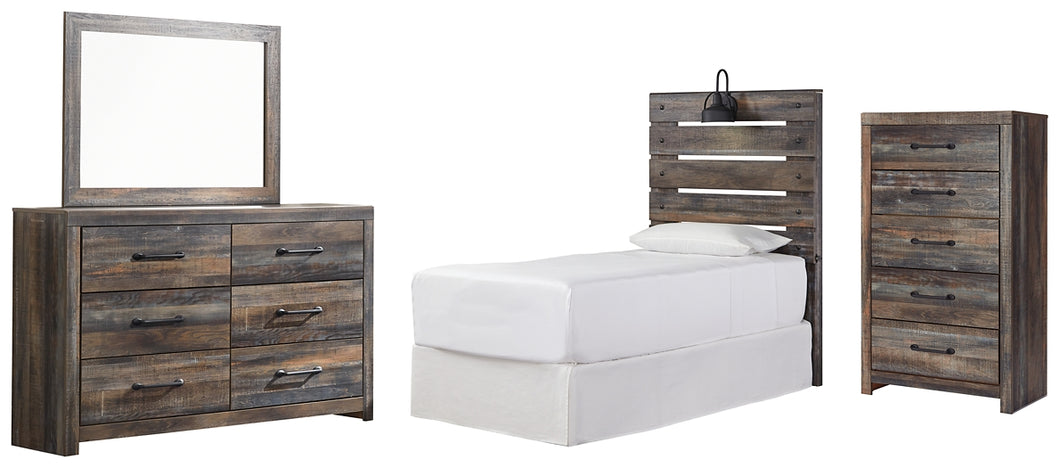 Drystan Twin Panel Headboard with Mirrored Dresser and Chest